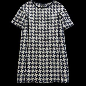 Marella Midnight Blue Tan Houndstooth Pockets Shift Short Sleeve Dress Size 2 #1